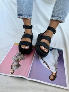 Black Leather Flat Sandals Women Platforms Wedges Greek