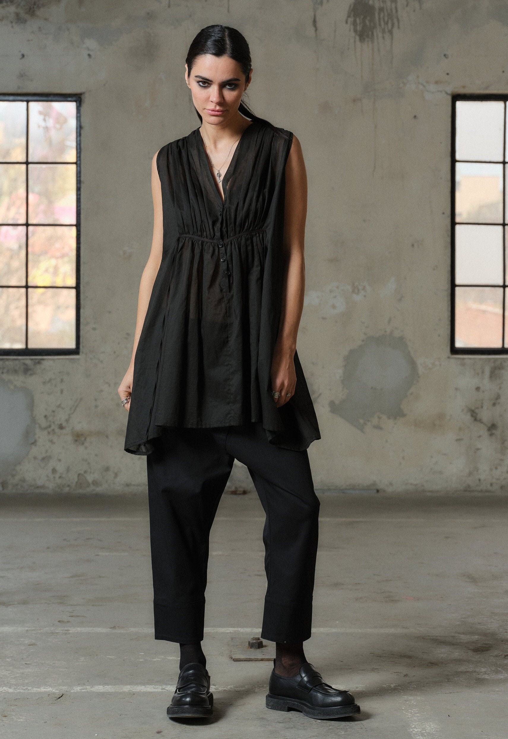 Organic Black Cotton Tunic Top Sleeveless Blouse Plus