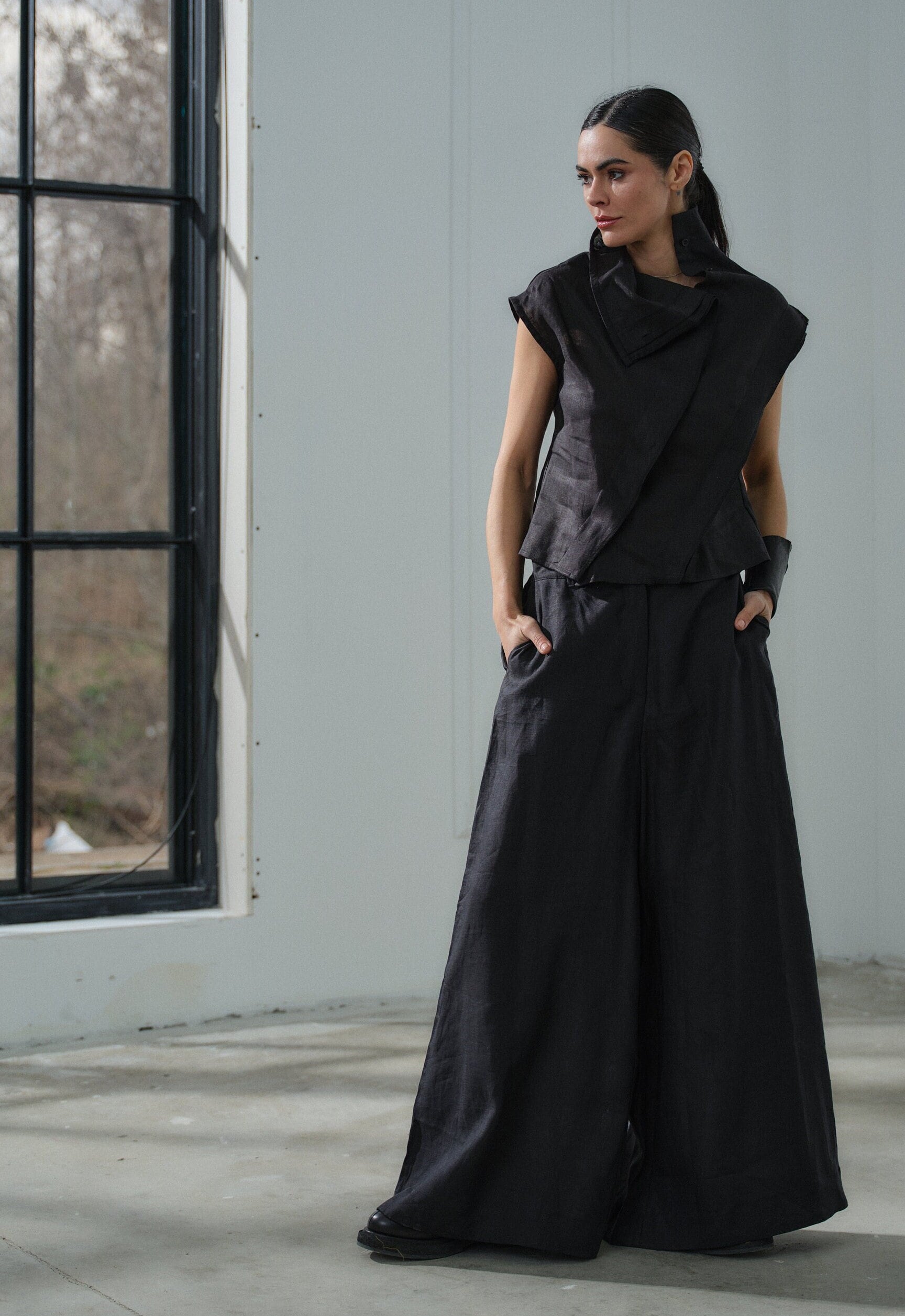 Black Linen Sleeveless Blouse Japanese Inspired Asymmetric Top