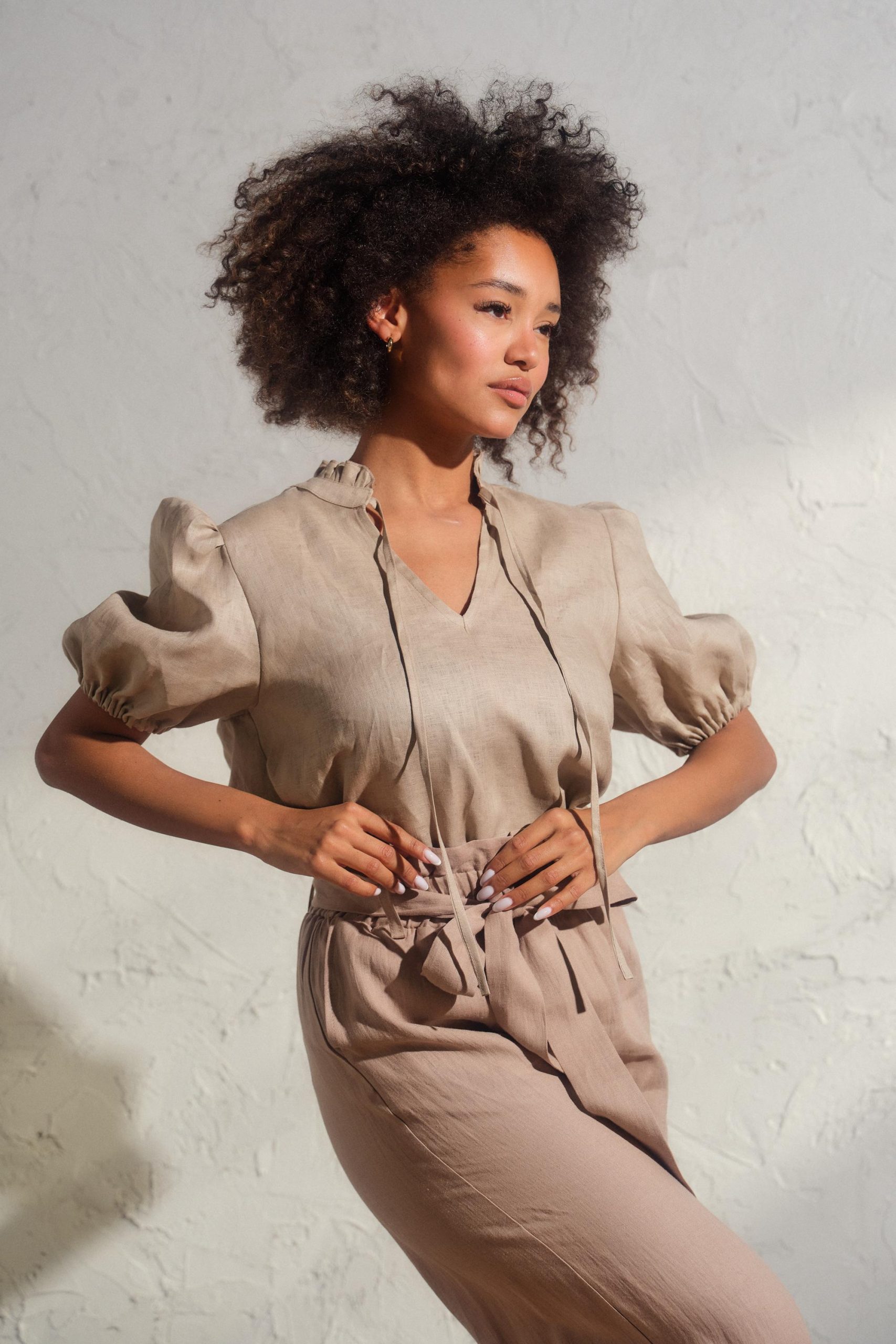 Summer Linen Blouse In Light Beige Organic Puff